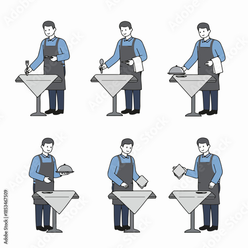 Waiter performing various professional table service tasks: setting cutlery, serving food with a cloche, and preparing the dining setup.