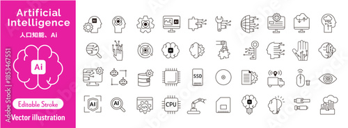 人工知能とテクノロジーのアイコンセット ベクター セット 線画（編集可能）