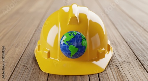 Sustainable construction concept showing yellow hard hat with earth globe on wooden surface