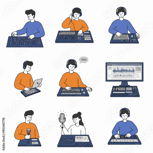 Set of icons illustrating sound production, music creation, audio engineering, and podcasting professionals using various studio equipment and software.