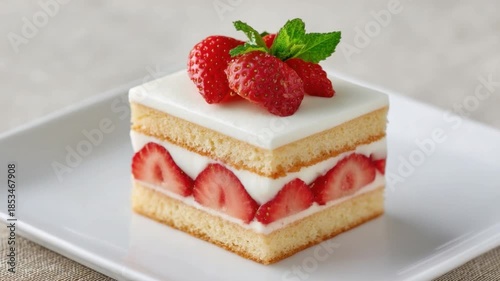 Fresh Strawberry Cake Slice with Cream and Mint Leaf on White Plate Gourmet Dessert 4k video footage