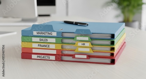 Stack of colorful office folders labeled for various departments on desk setting