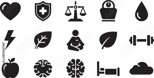 Black icons of health and wellness on white background