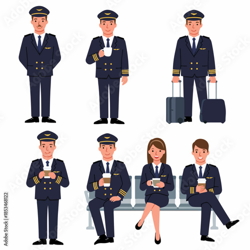 Set of commercial airline pilots characters. Male and female aviators in uniform standing, traveling with luggage, and taking a coffee break.