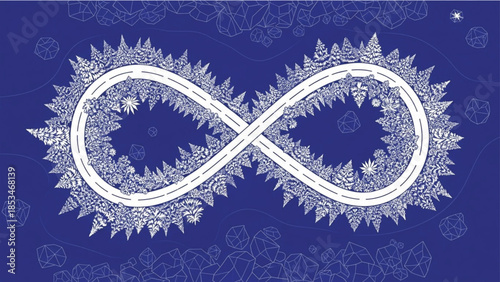 Infinity symbol road illustration with white stylized trees on dark blue background