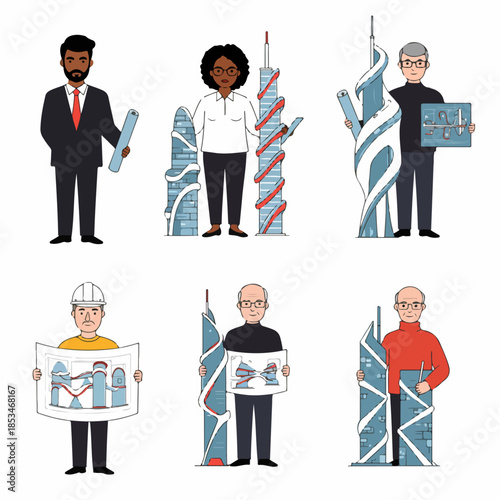 Diverse team of architects, engineers, and construction workers holding blueprints and futuristic skyscraper designs, representing the building industry.