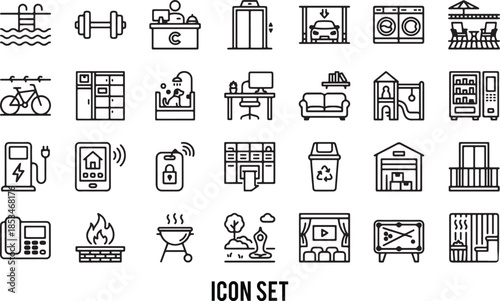 Diverse Set of Outline Icons for Amenities and Services. Editable line icons. Vector illustration