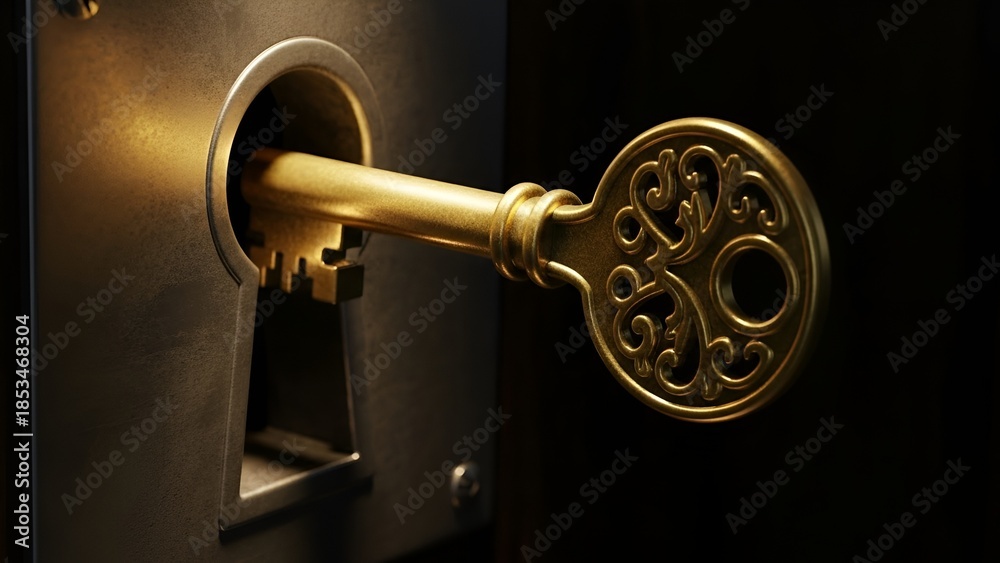 Obraz premium Illuminating access a gleaming golden key unlocks the secrets of a vintage lock