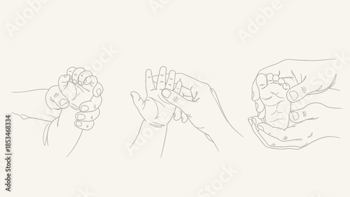 Three line drawings of adult hands gently holding a baby's hand, illustrating care and connection.