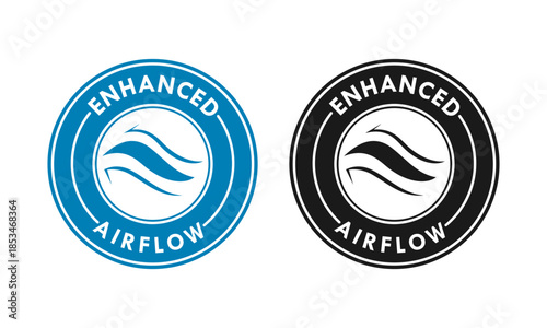 Blue and black badge logo featuring wavy lines representing enhanced airflow and ventilation, ideal for cooling systems, HVAC services, and breathable fabric technology.