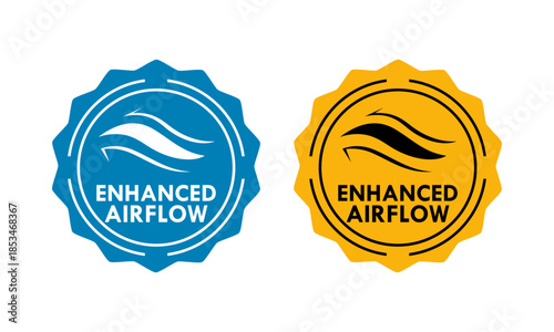 Blue and yellow badge logo featuring wavy lines representing enhanced airflow and ventilation, ideal for cooling systems, HVAC services, and breathable fabric technology.