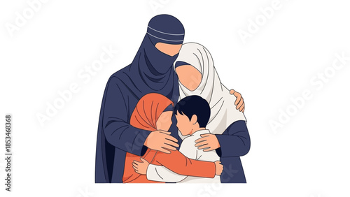 A Muslim family, two women and a boy, embracing each other warmly, representing love and unity.