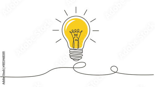 A bright yellow light bulb with radiating lines, symbolizing a new idea or innovation, drawn with a single continuous line.