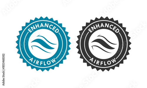 Blue and black badge logo featuring wavy lines representing enhanced airflow and ventilation, ideal for cooling systems, HVAC services, and breathable fabric technology.