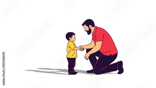 A father kneels down to shake hands with his young son, symbolizing connection and bonding.