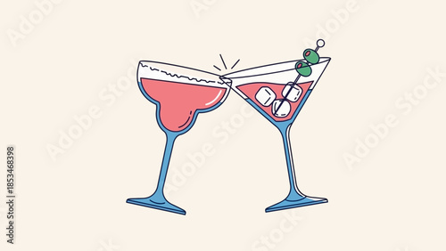 Two colorful cocktails clinking together in a celebratory toast, one in a margarita glass and the other in a martini glass.