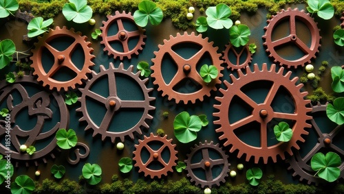 Rustic gears amidst green leaves