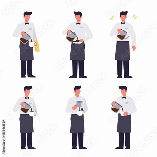 Flat illustration set of a waiter or barista pouring coffee from a carafe into a cup, showing various service poses and actions.