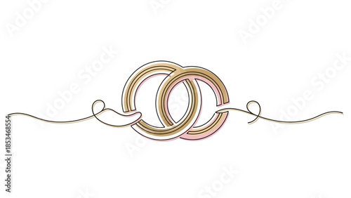 Two intertwined gold and pink rings connected by a delicate golden thread, symbolizing unity and celebration.