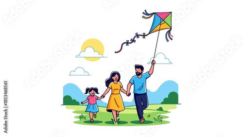 A happy family enjoys a sunny day flying a colorful kite in a grassy field with rolling hills in the background.