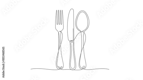 A minimalist, continuous line drawing of a fork, knife, and spoon standing together on a white background.