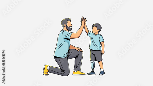 A father and son with a prosthetic leg high-fiving each other, celebrating a moment of connection and support.