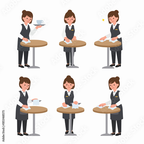 Waitress character cleaning and wiping cafe tables in various poses, focusing on hygiene and diligent restaurant service.