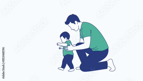 A father kneeling down and holding his young child's hands as the child takes their first steps.