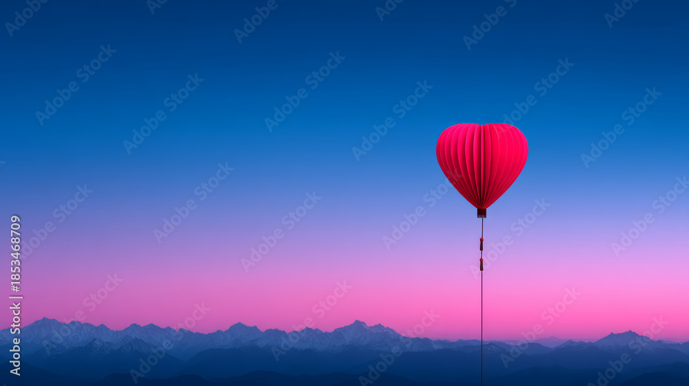 Obraz premium Heart shaped balloon pink sky mountain landscape romantic scene dreamy atmosphere sunrise peaceful style layered background love concept emotional