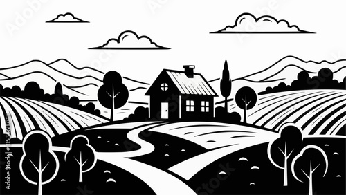 A charming black and white illustration of a rustic farmhouse nestled amidst rolling hills and cultivated fields.