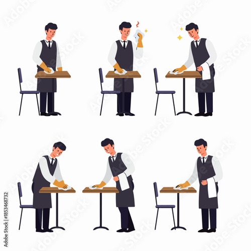 Professional waiter cleaning and sanitizing a cafe table, illustrating hygiene protocol in six different poses.