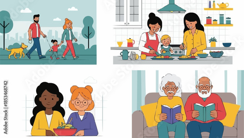 Diverse people enjoying various activities together in different settings.