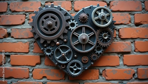 Steampunk heart gear art on brick wall