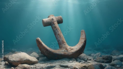 Underwater Scene with Rusty Anchor Surrounded by Stones and Soft Light Rays in Deep Ocean 4k video footage