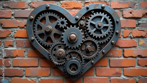 Industrial heart gear art on brick wall