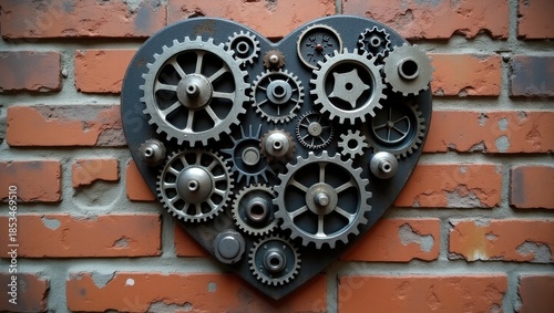 Steampunk heart on brick wall