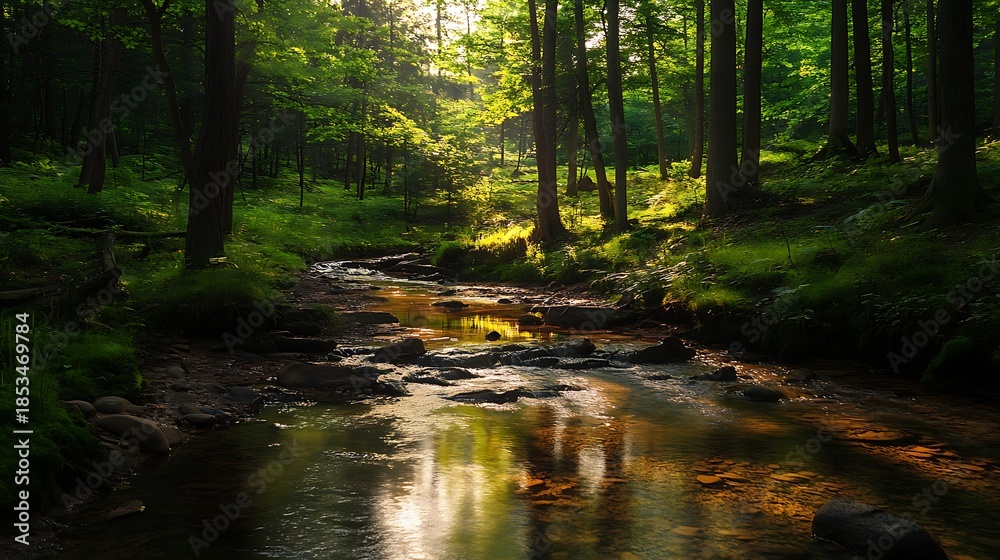 Fototapeta premium Forest landscape with river and sunlight streaming through trees nature scene