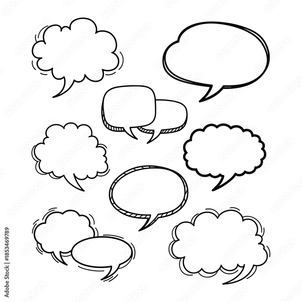 Fototapeta premium A diverse collection of hand-drawn doodle speech and thought bubbles in various shapes, perfect for comics, dialogue, and communication design.