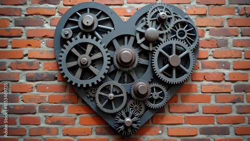 Industrial heart shaped gear art on brick wall