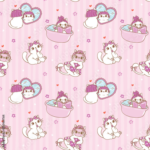 Cute Coquette Girly Self Care Cat Seamless Pattern Cartoon Hand Drawn Repeat Background