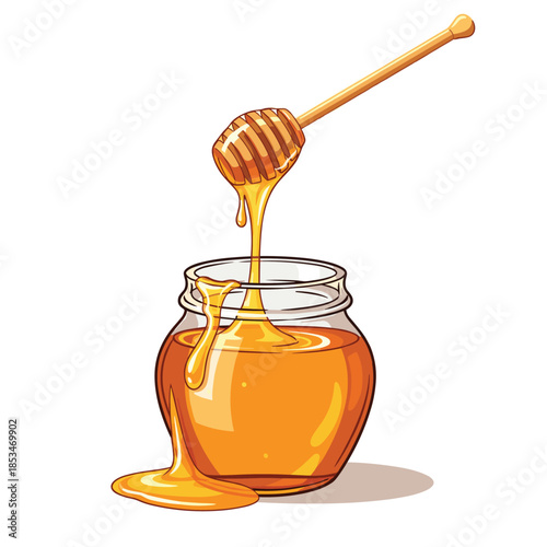 Golden honey drips from a wooden dipper into a clear glass jar, with some overflowing onto the surface.