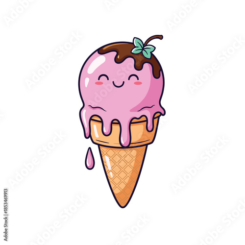 A cheerful pink ice cream scoop with melting chocolate, a sweet smiling face, and a decorative leaf sits atop a crunchy waffle cone.