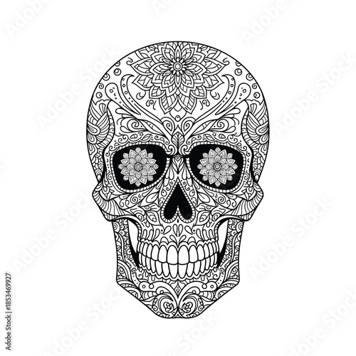 Detailed black and white sugar skull drawing with intricate mandala patterns and flowers in the eye sockets, suitable for Day of the Dead themes.