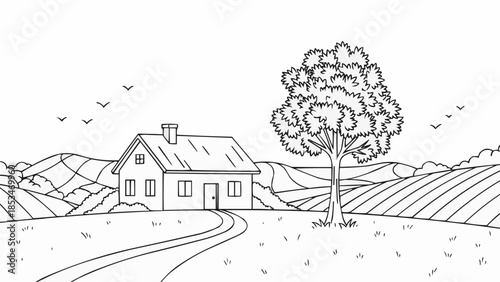 A charming house with a large tree and a winding path.