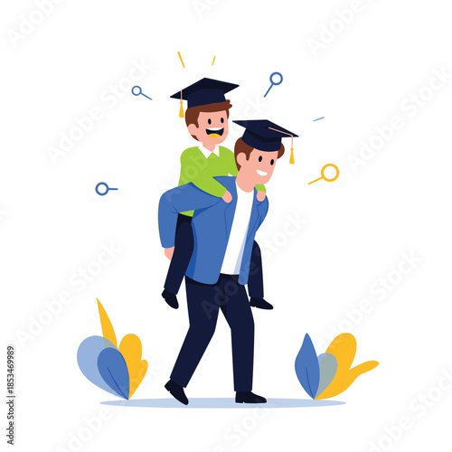 Father and son celebrate graduation with a piggyback ride, symbolizing support and the bright future of education.