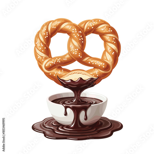 A golden-brown salted pretzel dips into a rich bowl of dark chocolate sauce, with the delicious sauce overflowing and pooling.
