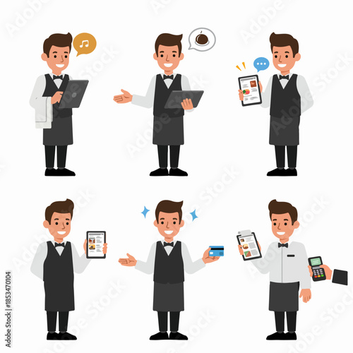 Waiters using digital tablets, mobile order systems, and card payment machines for efficient restaurant and café service, flat vector set.