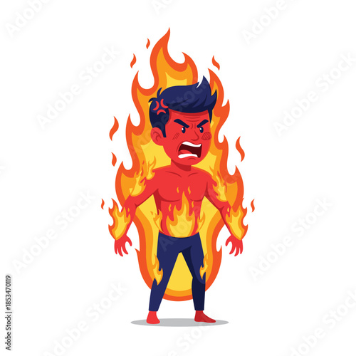 A cartoon illustration of an enraged man with red skin and fire burning around him, depicting extreme anger.