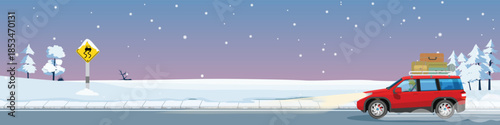 Vector illustration of a red SUV with luggage driving on a snowy winter road at night. Slippery road sign on snow. Background of hills and falling snow. Travel concept for banner.