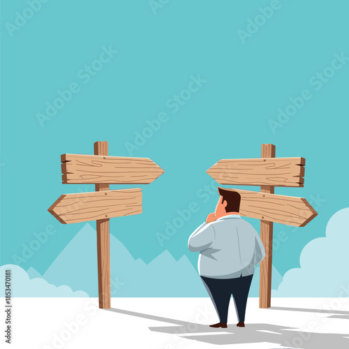 A man stands thoughtfully between two groups of wooden arrow signs, symbolizing a difficult choice or a crossroads in life.